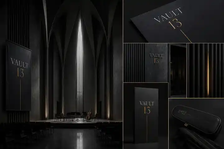 Contoh konseptual Shadowed Gothic Modernism untuk VAULT 13, sebuah konsep mode fiktif yang diterapkan secara terpadu pada identitas merek, ruang dan lingkungan, editorial.