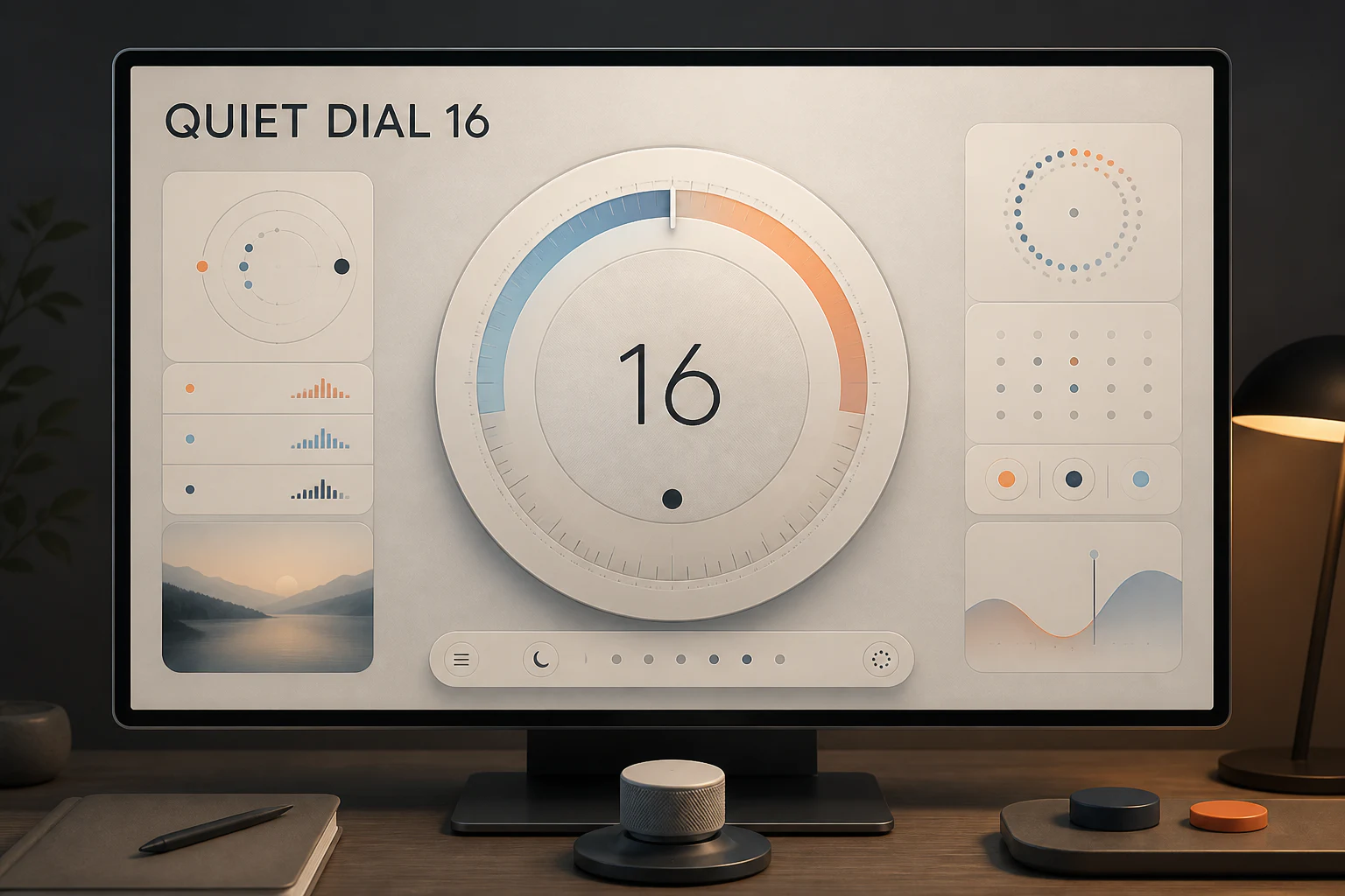 Contoh konseptual Soft Instrument untuk QUIET DIAL 16, sebuah konsep layanan kesehatan fiktif yang diterapkan secara terpadu pada antarmuka, situs web.