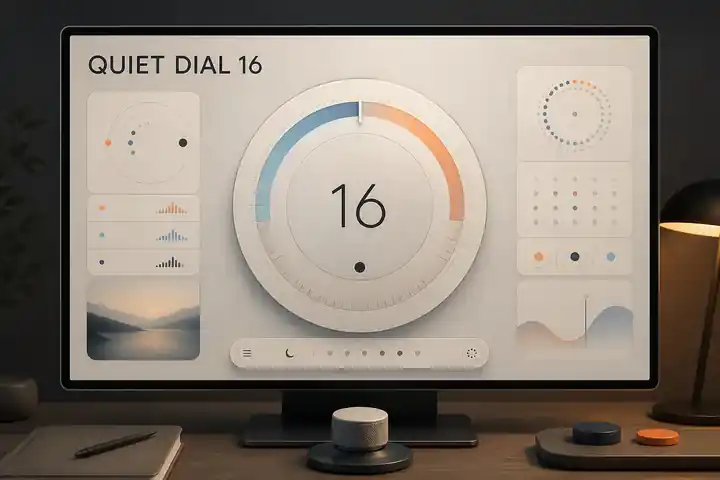 Contoh konseptual Soft Instrument untuk QUIET DIAL 16, sebuah konsep layanan kesehatan fiktif yang diterapkan secara terpadu pada antarmuka, situs web.