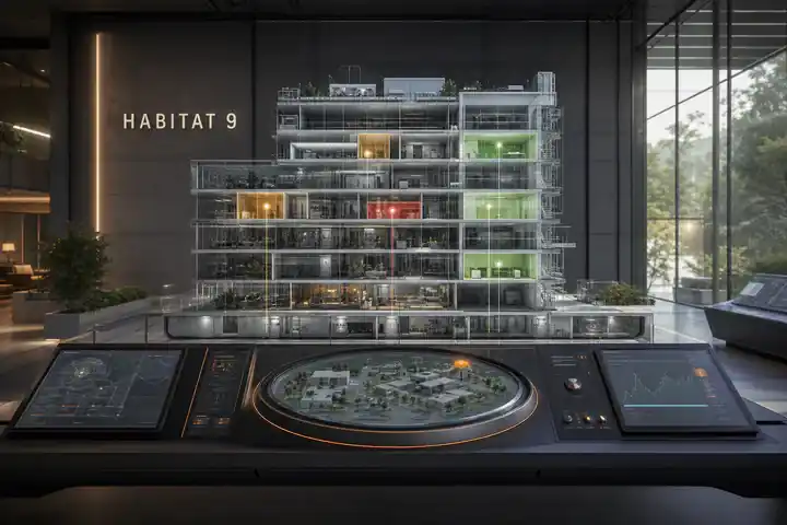 Contoh konseptual Spatial Console untuk HABITAT 9, sebuah konsep perangkat desain fiktif yang diterapkan secara terpadu pada antarmuka, ruang dan lingkungan, ruang.