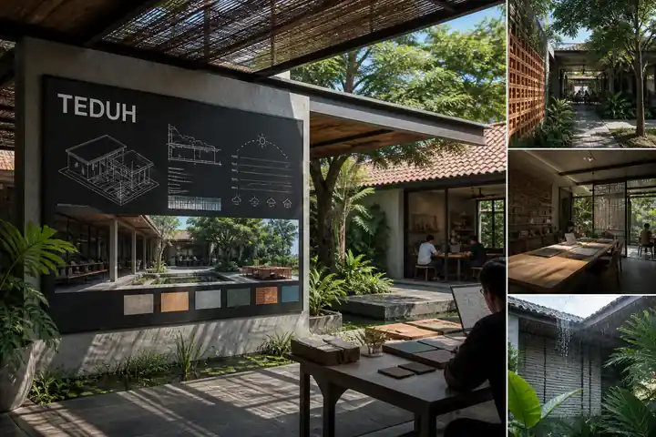 Contoh konseptual Tropical Modernist Clarity untuk TEDUH, sebuah konsep hospitalitas fiktif yang diterapkan secara terpadu pada identitas merek, situs web, ruang dan lingkungan.