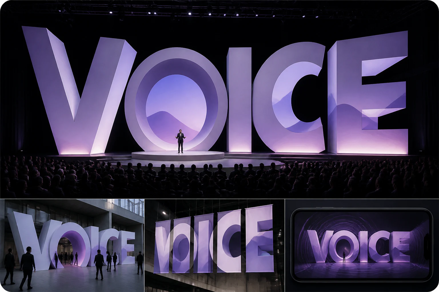 Contoh konseptual Typographic Monument untuk VOICE, sebuah konsep hiburan fiktif yang diterapkan secara terpadu pada ruang dan lingkungan, kampanye, gerak.