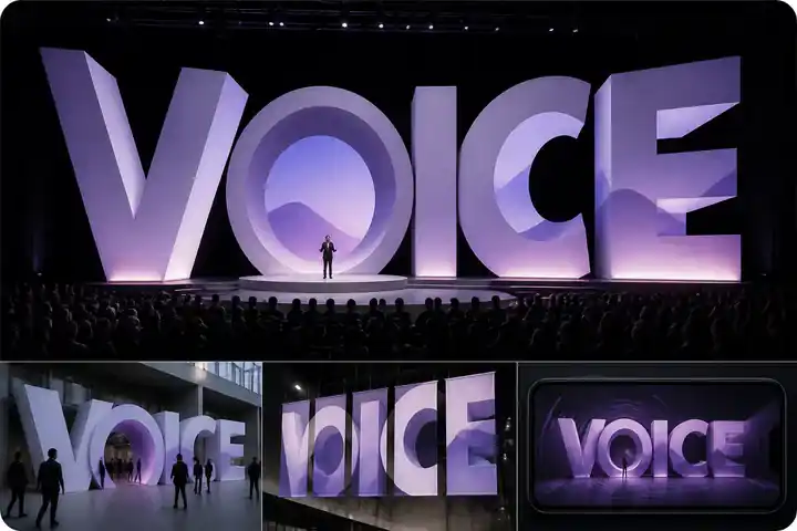 Contoh konseptual Typographic Monument untuk VOICE, sebuah konsep hiburan fiktif yang diterapkan secara terpadu pada ruang dan lingkungan, kampanye, gerak.