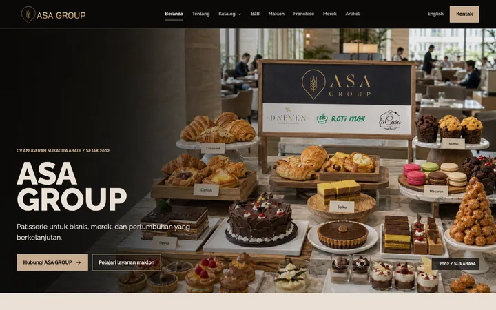 Tampilan desktop ASA GROUP dengan croissant sebagai hero, ringkasan perusahaan, katalog bakery, dan jalur B2B.