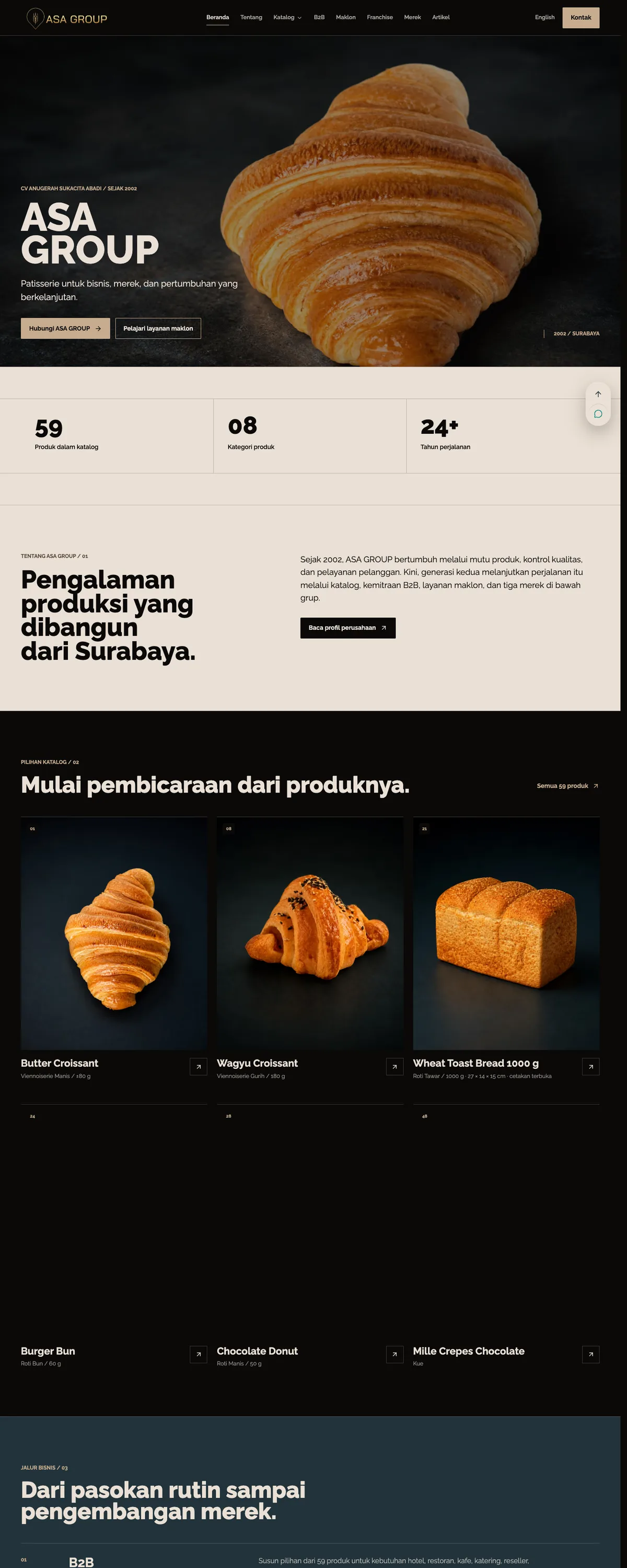 Tampilan desktop ASA GROUP dengan croissant sebagai hero, ringkasan perusahaan, katalog bakery, dan jalur B2B.