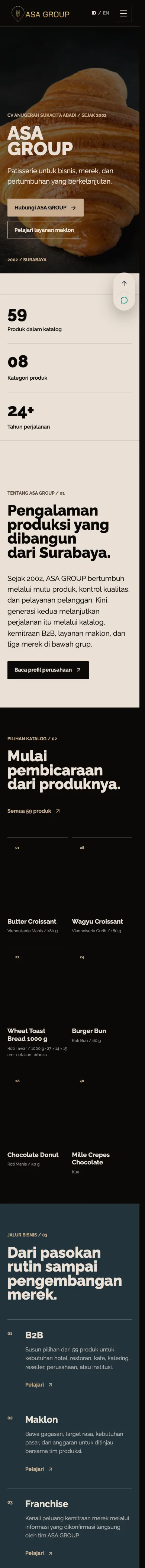 Tampilan seluler ASA GROUP dengan hero produk, pengalaman produksi, katalog, dan pilihan kerja sama.