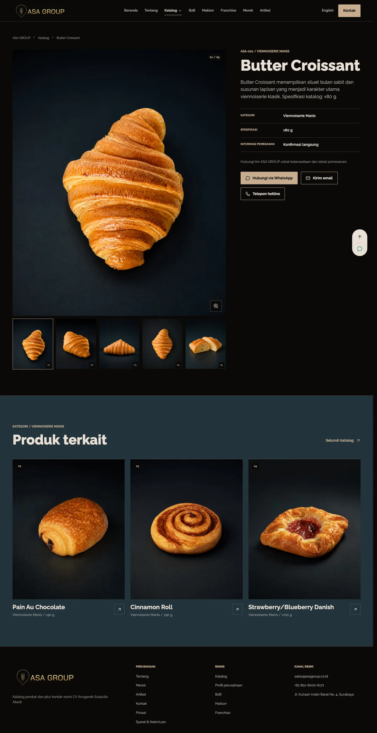 Halaman detail Butter Croissant ASA GROUP dengan foto produk, informasi katalog, galeri, dan produk terkait.
