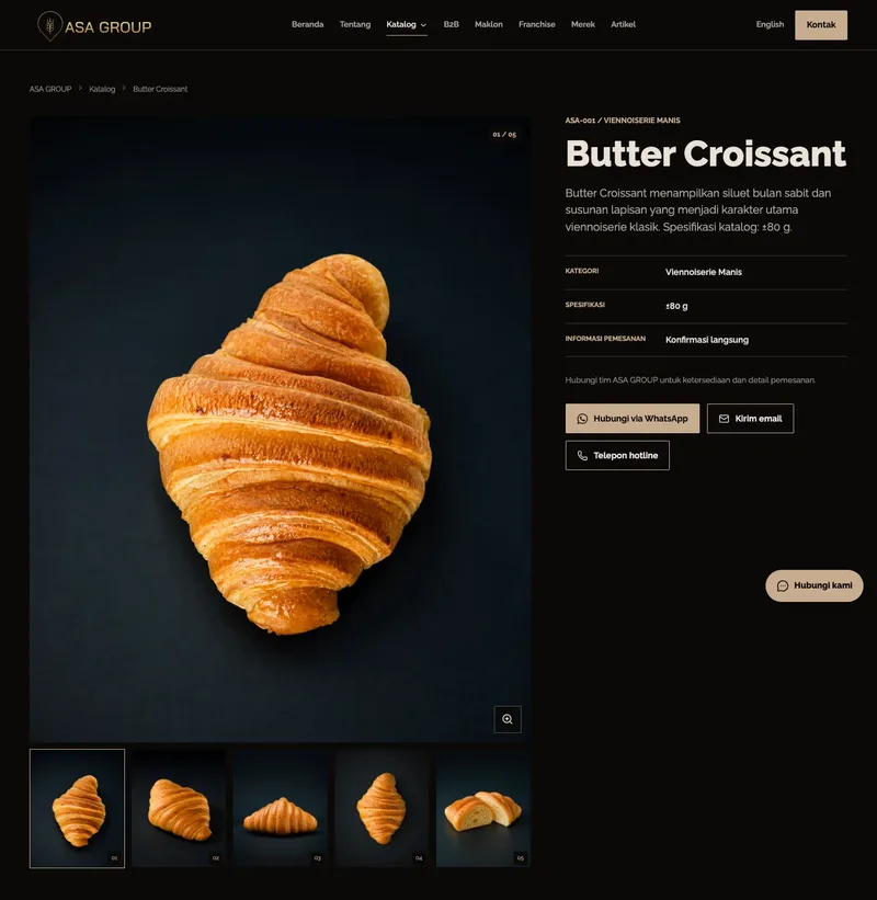 Halaman detail Butter Croissant ASA GROUP dengan foto produk, informasi katalog, galeri, dan produk terkait.