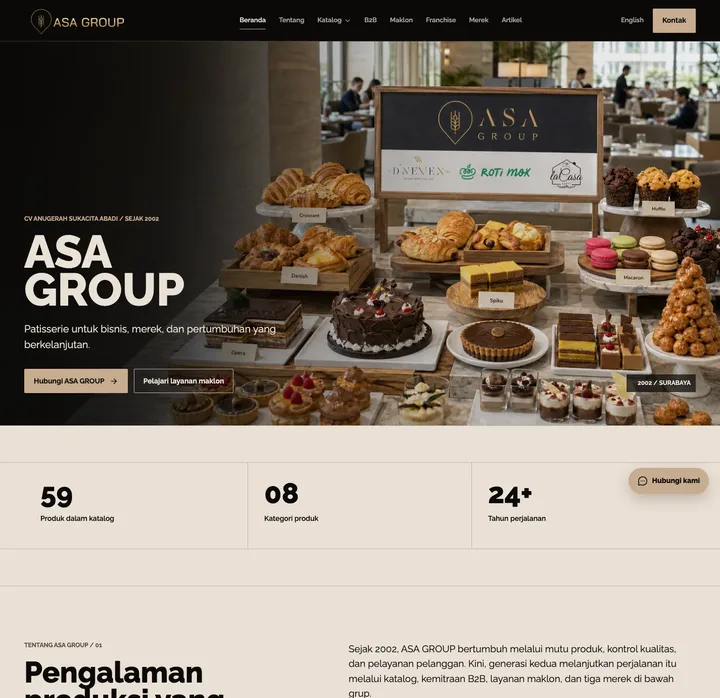 Tampilan desktop ASA GROUP dengan croissant sebagai hero, ringkasan perusahaan, katalog bakery, dan jalur B2B.
