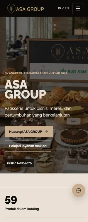 Tampilan seluler ASA GROUP dengan hero produk, pengalaman produksi, katalog, dan pilihan kerja sama.
