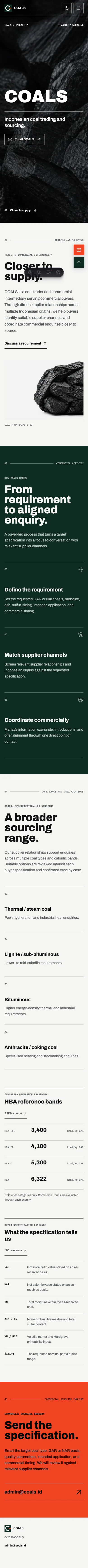 Tampilan seluler panjang COALS yang menata ulang hero, proses perdagangan, rentang batu bara, referensi HBA, dan kontak email.