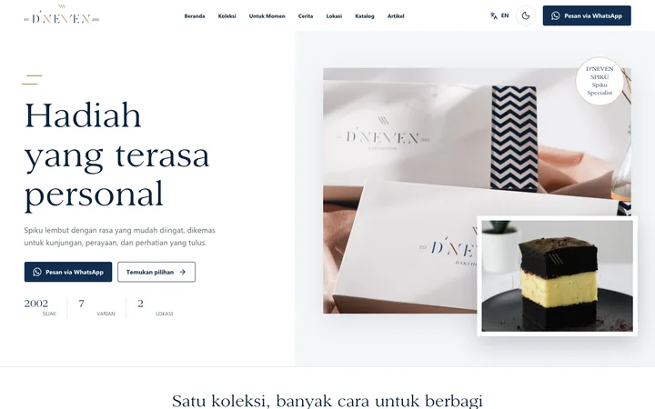 Tampilan desktop D'NEVEN SPIKU dengan hero kemasan hadiah, tujuh rasa, ukuran kemasan, cerita merek, lokasi, dan kontak corporate.