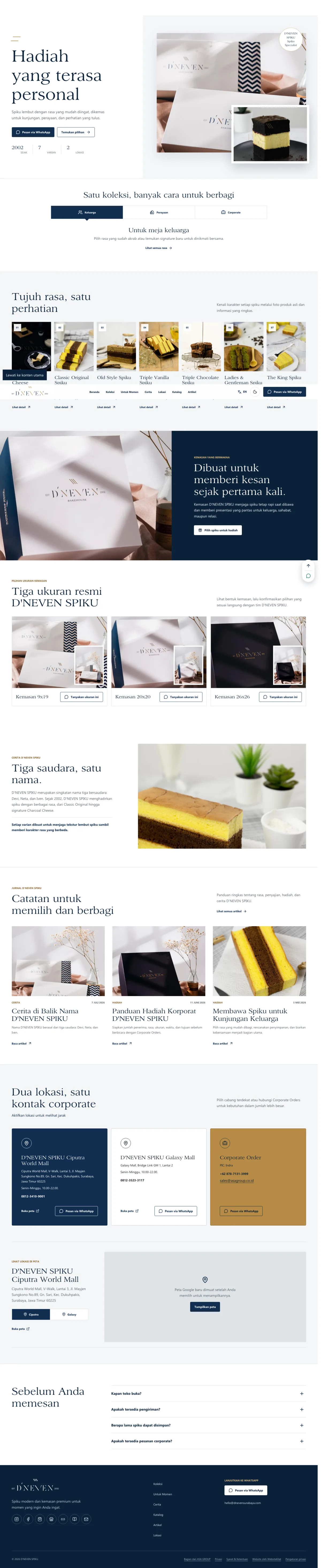 Tampilan desktop D'NEVEN SPIKU dengan hero kemasan hadiah, tujuh rasa, ukuran kemasan, cerita merek, lokasi, dan kontak corporate.