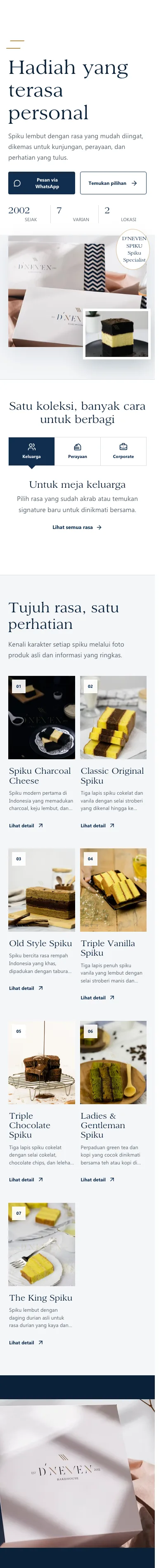 Tampilan seluler D'NEVEN SPIKU dengan kemasan hadiah, koleksi rasa, dan pilihan untuk keluarga atau corporate.
