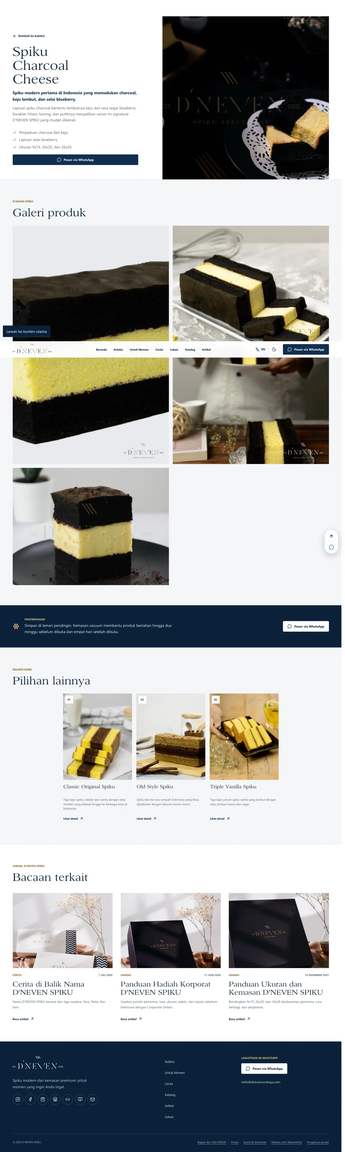 Halaman detail Spiku Charcoal Cheese D'NEVEN dengan foto potongan kue, kemasan, galeri, dan produk terkait.