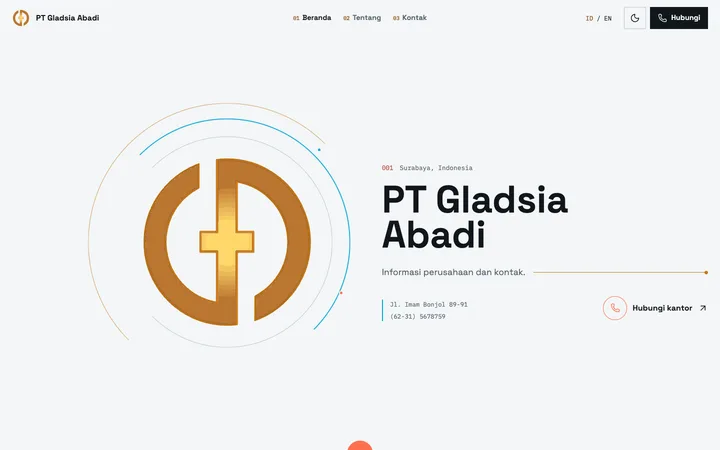 Tampilan desktop panjang PT Gladsia Abadi dengan monogram orbit, informasi perusahaan, alamat, telepon, faks, dan kontrol peta