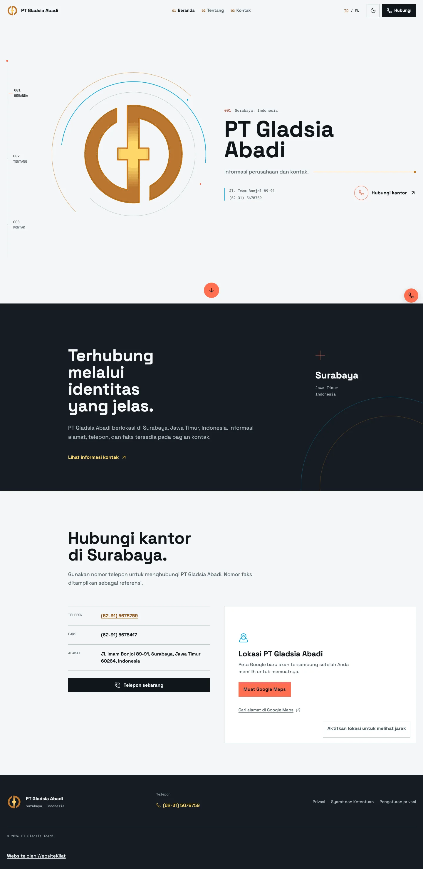 Tampilan desktop panjang PT Gladsia Abadi dengan monogram orbit, informasi perusahaan, alamat, telepon, faks, dan kontrol peta