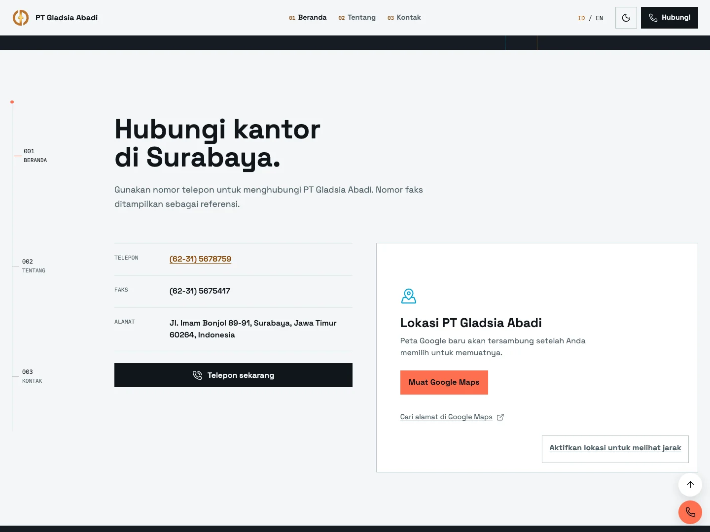 Detail bagian kontak PT Gladsia Abadi dengan nomor telepon, nomor faks, alamat Surabaya, tombol panggilan, dan kontrol Google Maps