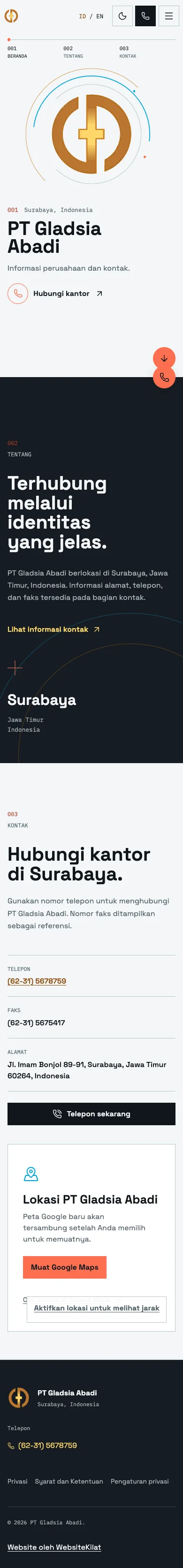 Tampilan seluler panjang PT Gladsia Abadi dengan logo, identitas, lokasi Surabaya, nomor telepon, faks, dan peta opsional