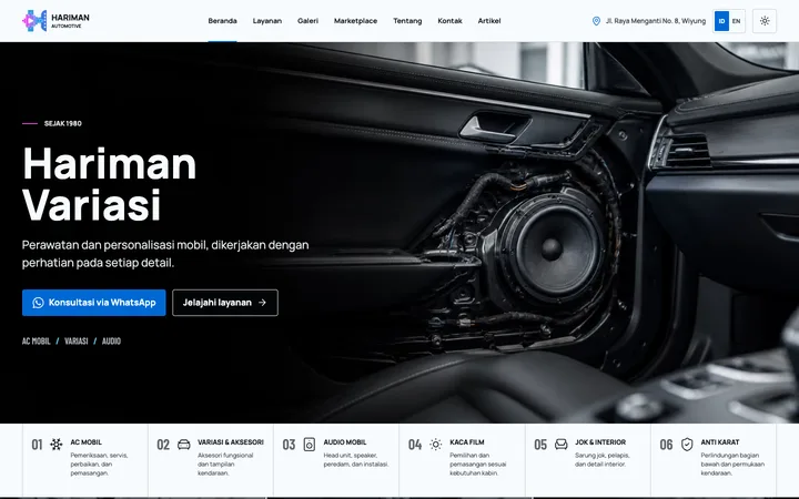 Tampilan desktop panjang situs Hariman Variasi dengan hero audio mobil, enam layanan, lokasi Wiyung, marketplace, formulir WhatsApp, dan kontak.