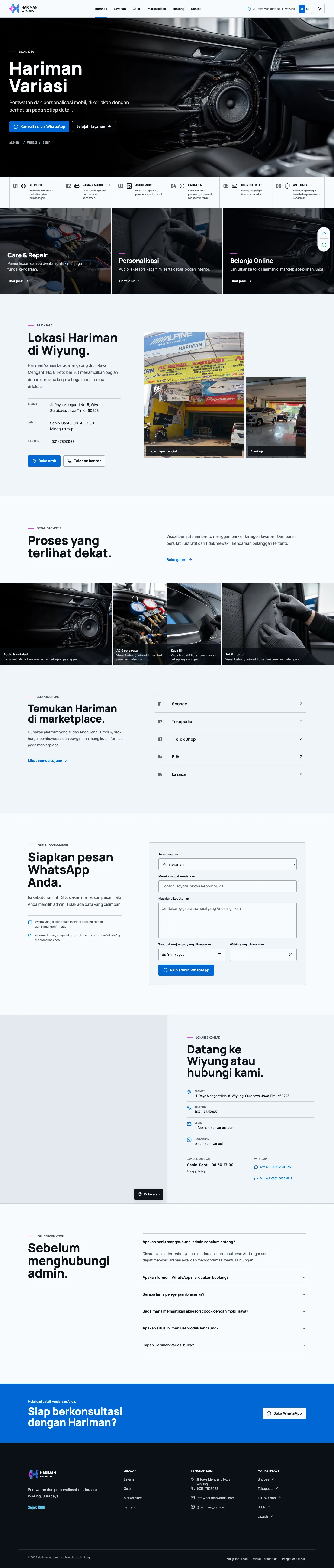 Tampilan desktop panjang situs Hariman Variasi dengan hero audio mobil, enam layanan, lokasi Wiyung, marketplace, formulir WhatsApp, dan kontak.
