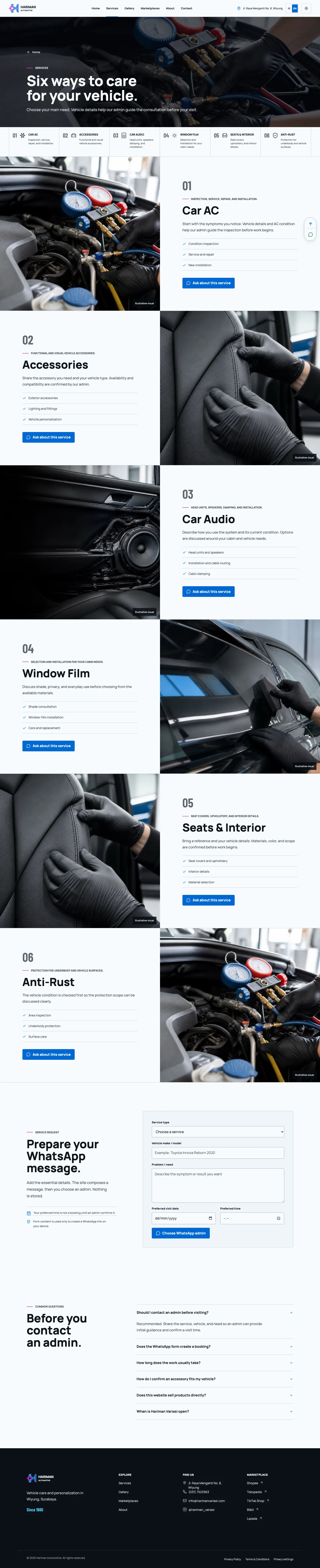Halaman layanan Hariman Variasi versi Inggris yang menjelaskan AC, aksesori, audio, kaca film, interior, dan anti karat secara rinci.