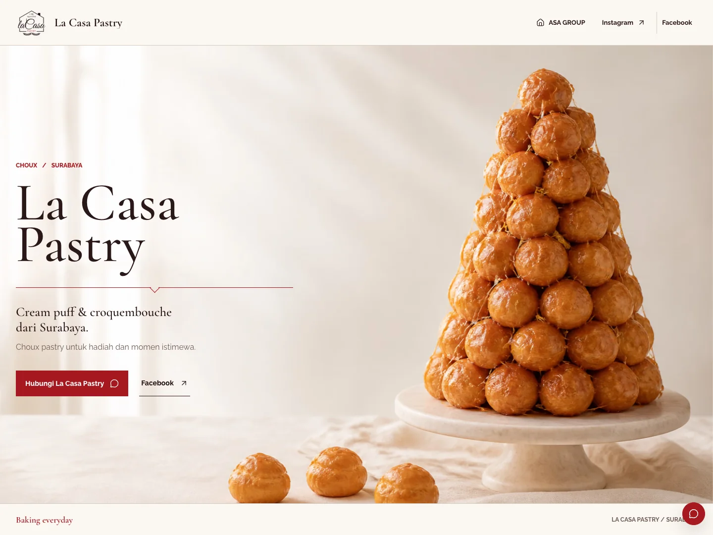 Detail hero La Casa Pastry yang memperlihatkan close-up croquembouche, tipografi brand, logo, dan tindakan utama