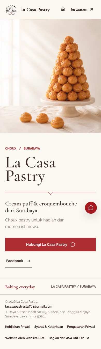 Tampilan seluler La Casa Pastry dengan foto croquembouche vertikal, nama brand, kategori produk, dan tindakan kontak