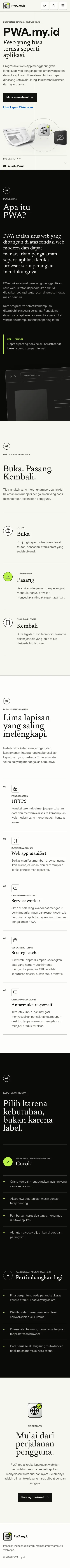 Tampilan seluler panjang pwa.my.id yang menata ulang diagram, perjalanan pengguna, dan perbandingan kecocokan dalam satu kolom yang terbaca.