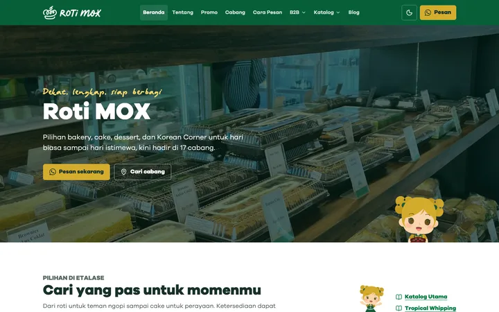 Tampilan desktop panjang situs Roti MOX dengan hero etalase, pilihan produk, pencarian cabang, cara pesan, cerita, dan artikel