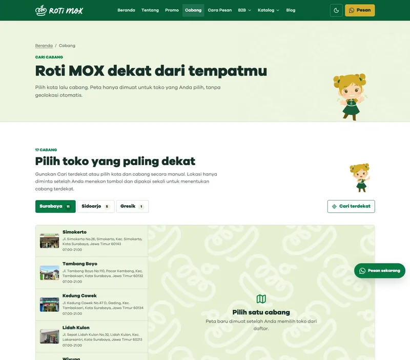 Halaman cabang Roti MOX dengan pilihan kota, daftar alamat toko, area peta, dan informasi sebelum berangkat