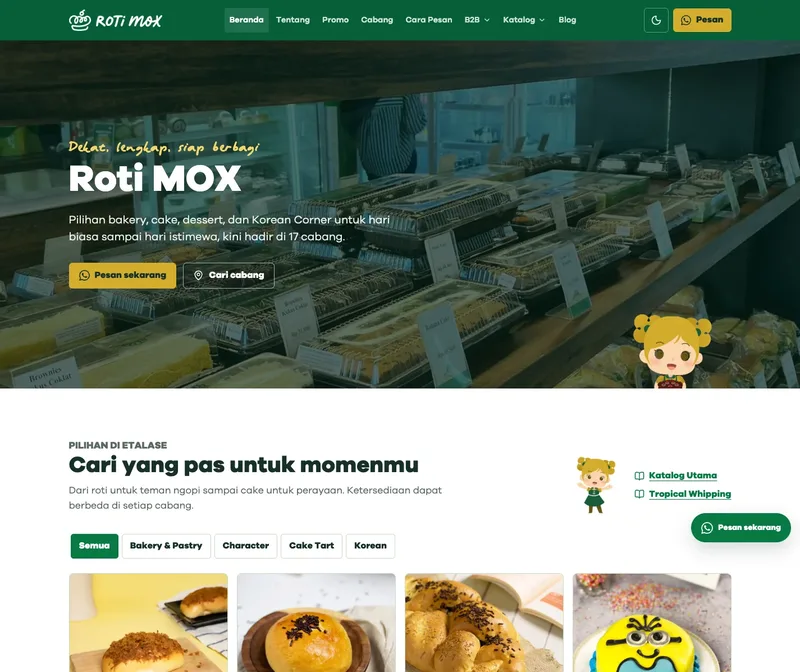 Tampilan desktop panjang situs Roti MOX dengan hero etalase, pilihan produk, pencarian cabang, cara pesan, cerita, dan artikel