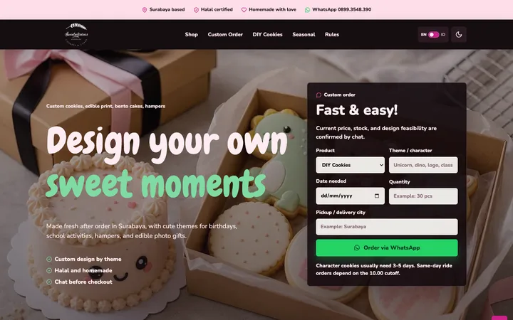 Tampilan desktop situs Sweetalicious dengan hero custom cookies, formulir pesanan, pilihan produk, dan bagian DIY cookies.