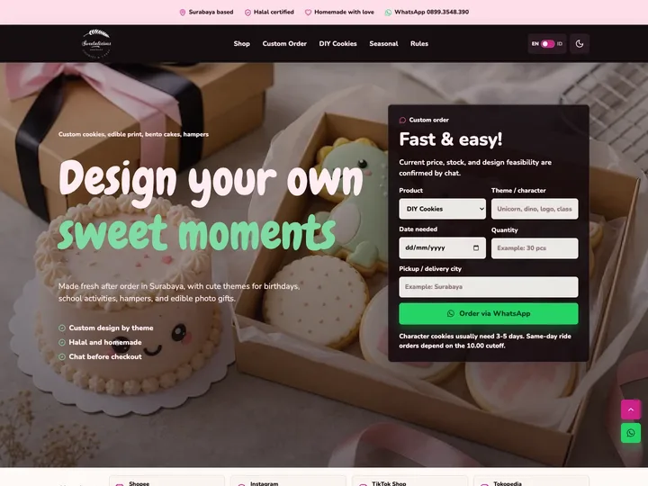 Tampilan desktop situs Sweetalicious dengan hero custom cookies, formulir pesanan, pilihan produk, dan bagian DIY cookies.