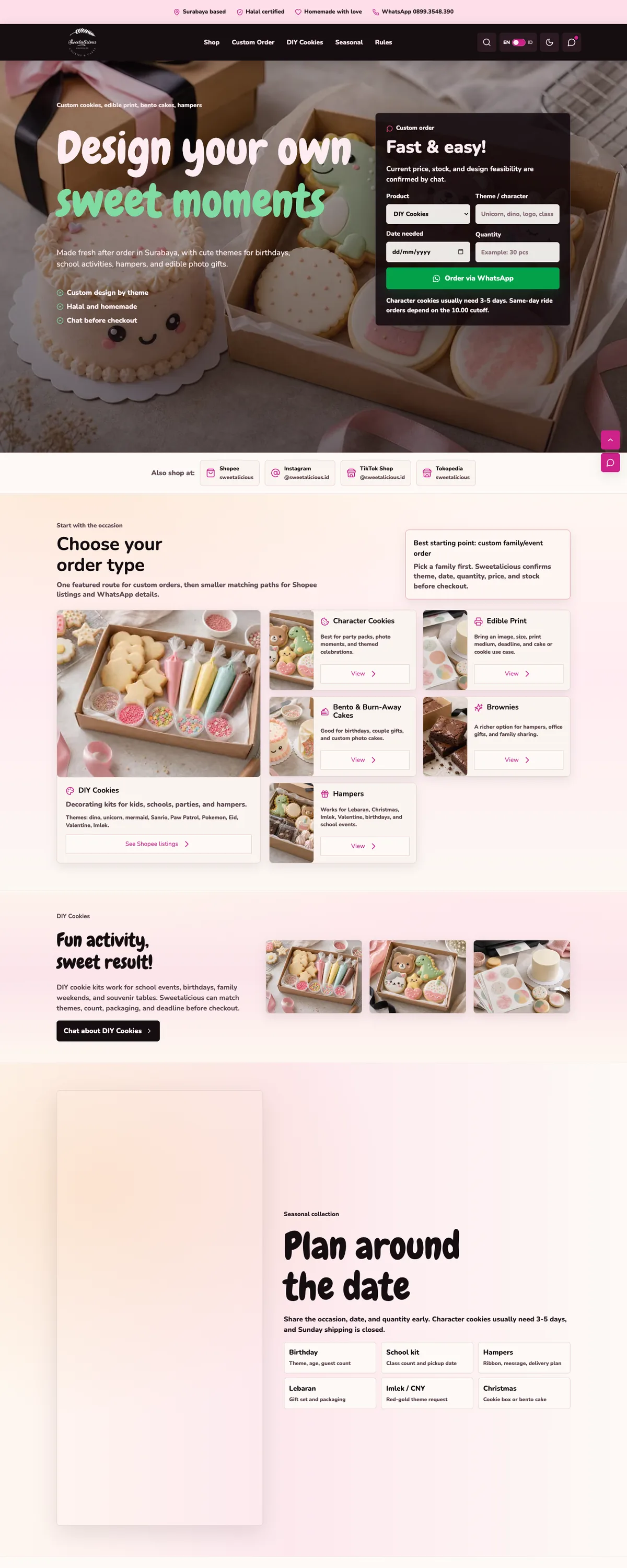 Tampilan desktop situs Sweetalicious dengan hero custom cookies, formulir pesanan, pilihan produk, dan bagian DIY cookies.
