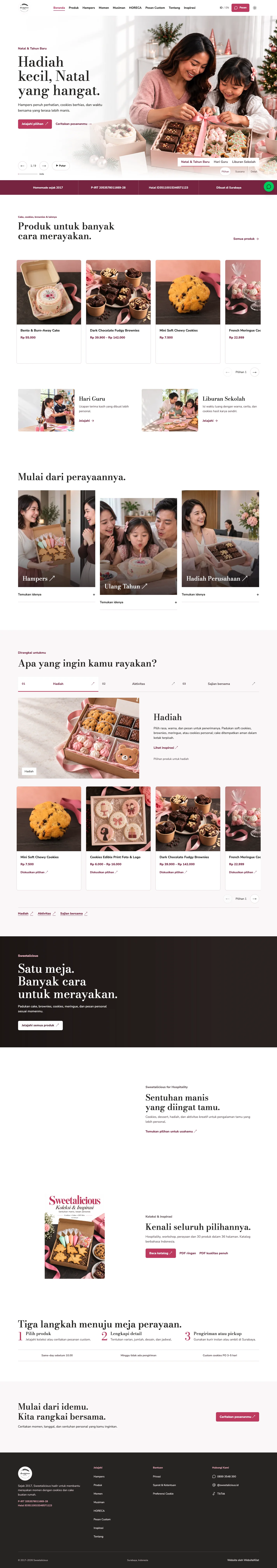 Beranda Sweetalicious hasil desain ulang dengan hero perayaan, pilihan koleksi, cerita visual, dan akses katalog HORECA.