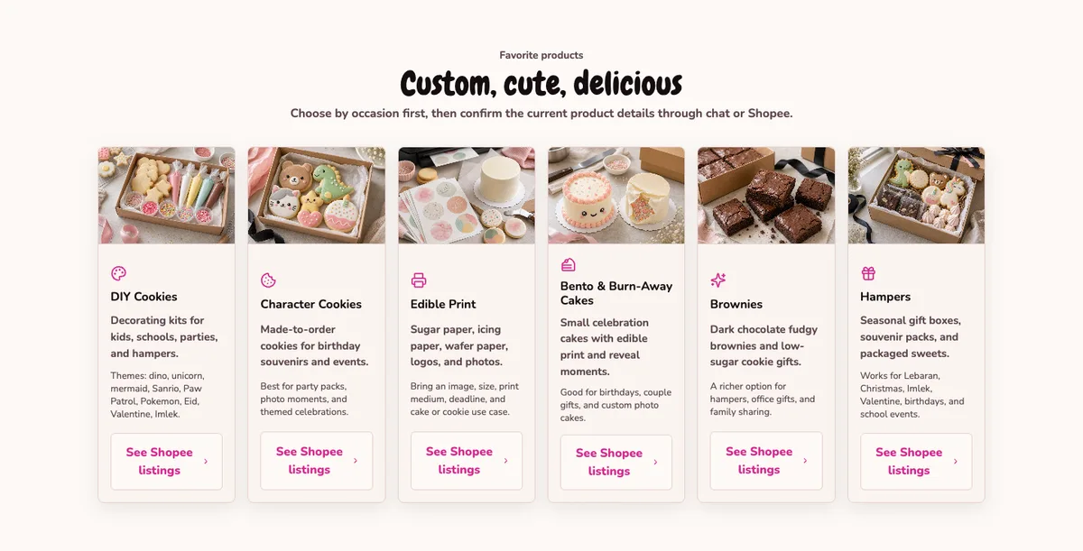 Bagian kategori Sweetalicious menampilkan DIY cookies, character cookies, edible print, cake, brownies, dan hampers dengan foto nyata.