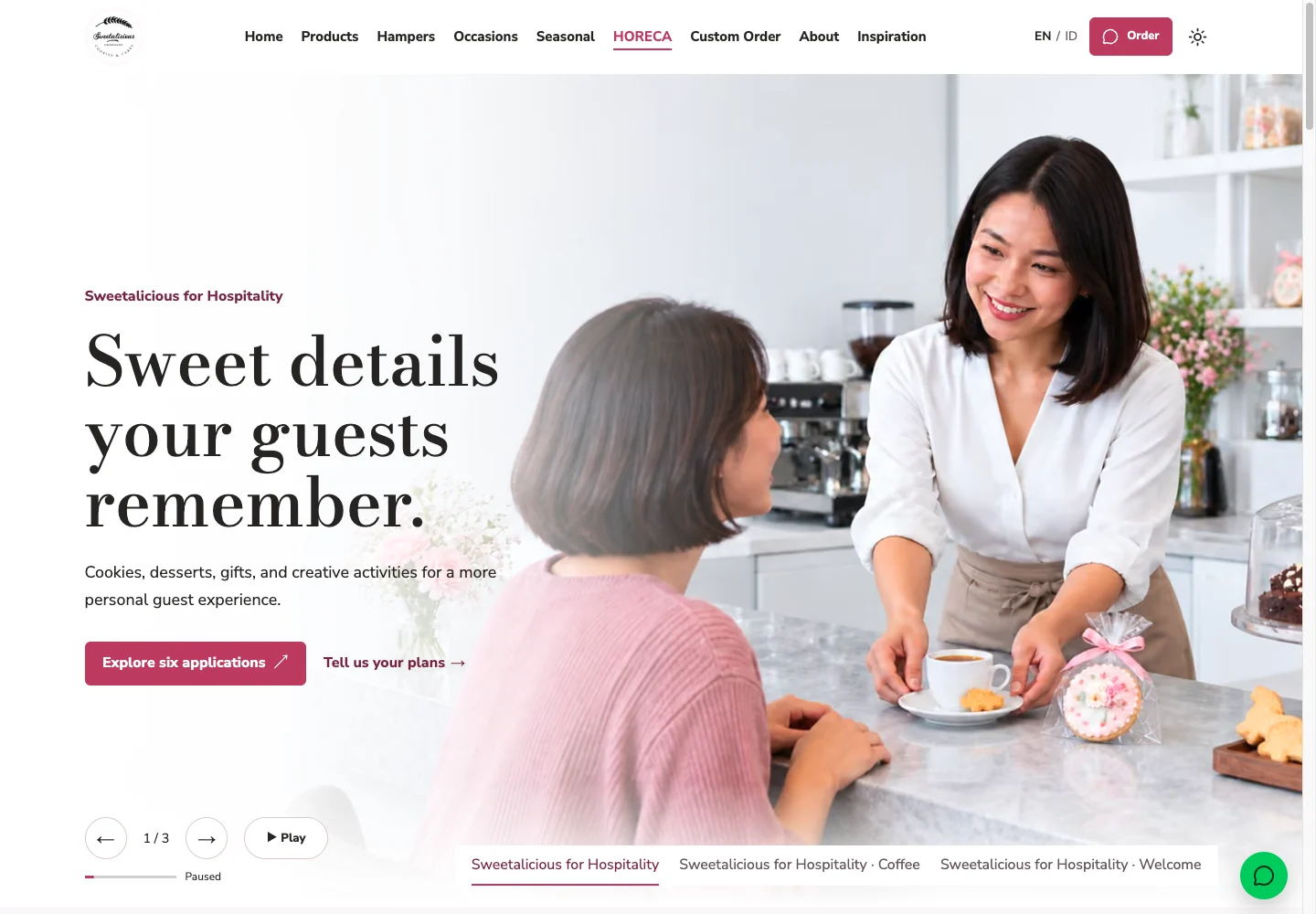 Hero halaman HORECA Sweetalicious dengan fotografi hospitality dan tautan kebutuhan usaha.