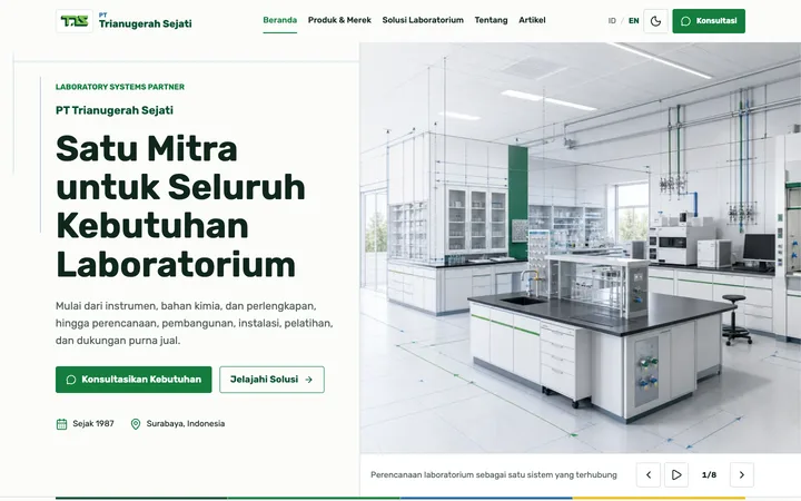 Tampilan desktop panjang PT Trianugerah Sejati dengan hero laboratorium, kategori produk, merek, proses solusi, sejarah, artikel, inquiry, dan kontak