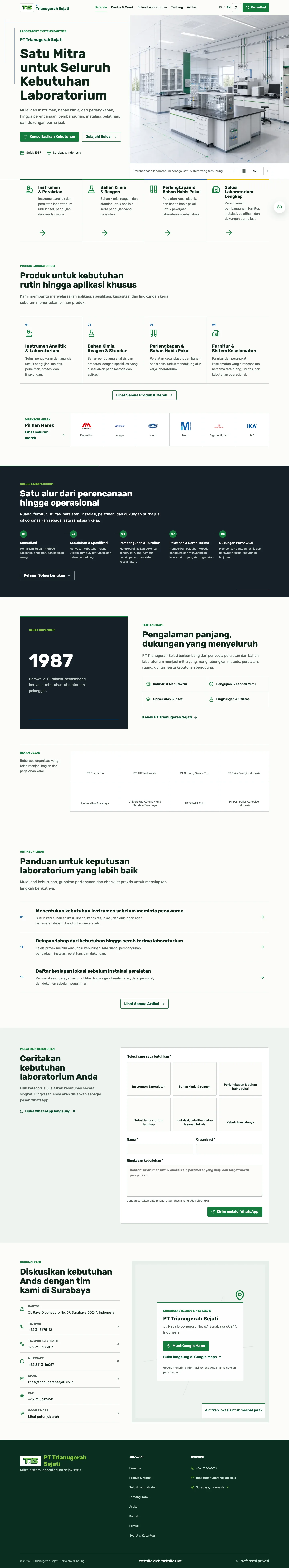 Tampilan desktop panjang PT Trianugerah Sejati dengan hero laboratorium, kategori produk, merek, proses solusi, sejarah, artikel, inquiry, dan kontak