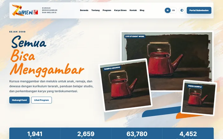 Tampilan desktop Zumenart dengan karya siswa, pengantar studio, pilihan program, dan jalur konsultasi kelas.