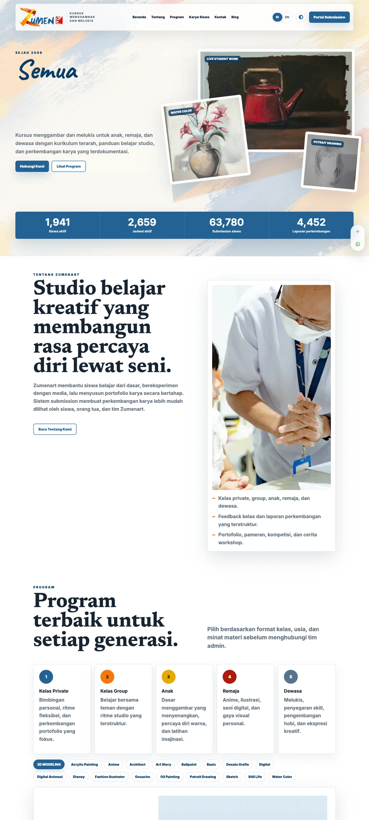 Tampilan desktop Zumenart dengan karya siswa, pengantar studio, pilihan program, dan jalur konsultasi kelas.