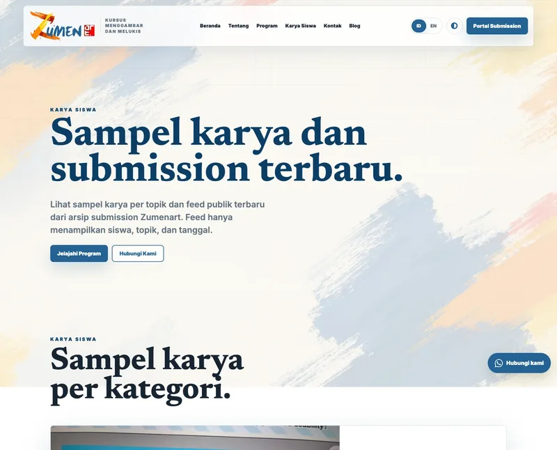 Halaman karya siswa Zumenart menampilkan submission gambar dan lukisan dalam berbagai kategori.