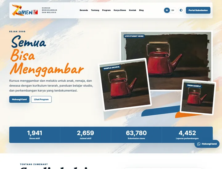 Tampilan desktop Zumenart dengan karya siswa, pengantar studio, pilihan program, dan jalur konsultasi kelas.