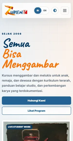 Tampilan seluler Zumenart dengan hero karya seni, informasi studio, program, dan tahapan belajar.
